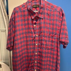 NWOT Orvis Men's Red and Blue Checkered Linen Shirt